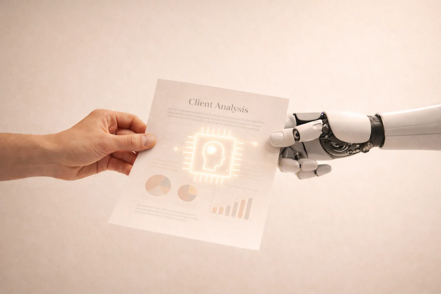 Human hand and robot hand holding a client analysis document