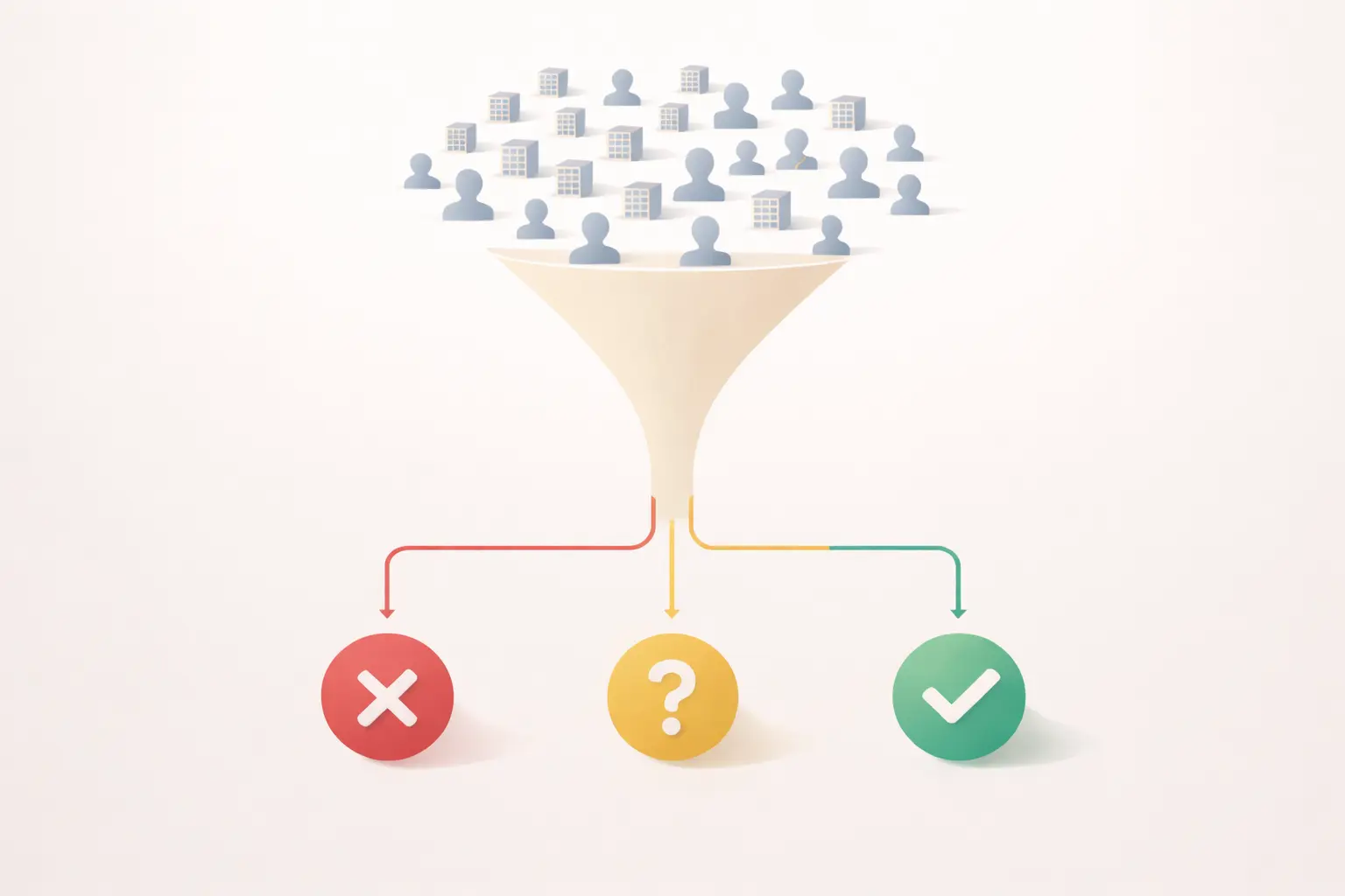 Funnel filtering leads into reject, review, and qualify outcomes