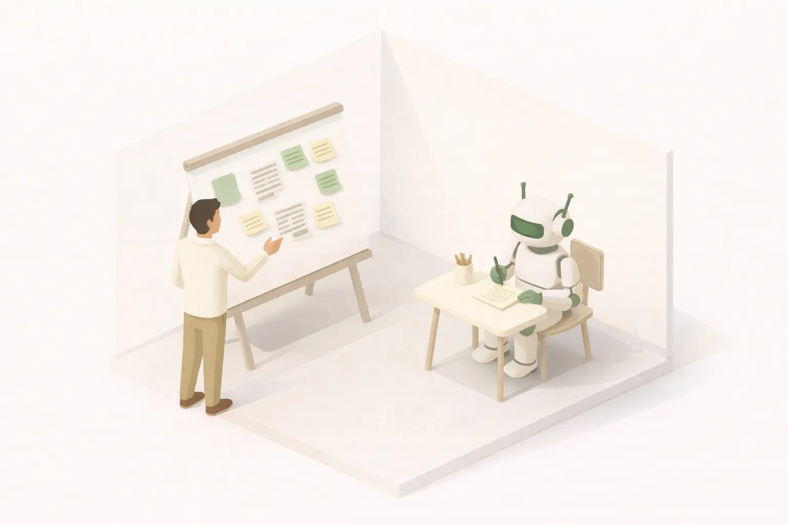 Person at whiteboard and robot at desk working in separate spaces