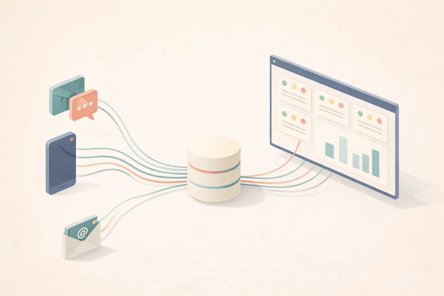 Phone, chat, and email flowing into database then to analytics dashboard